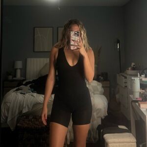 Black plunge-neck romper